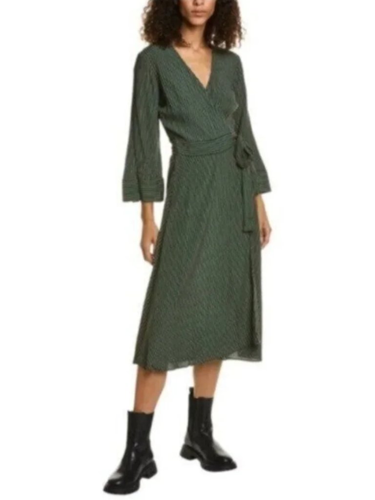 Nwt Ganni Green Stripped Crepe Midi Wrap Dress Eu 36 Us 4